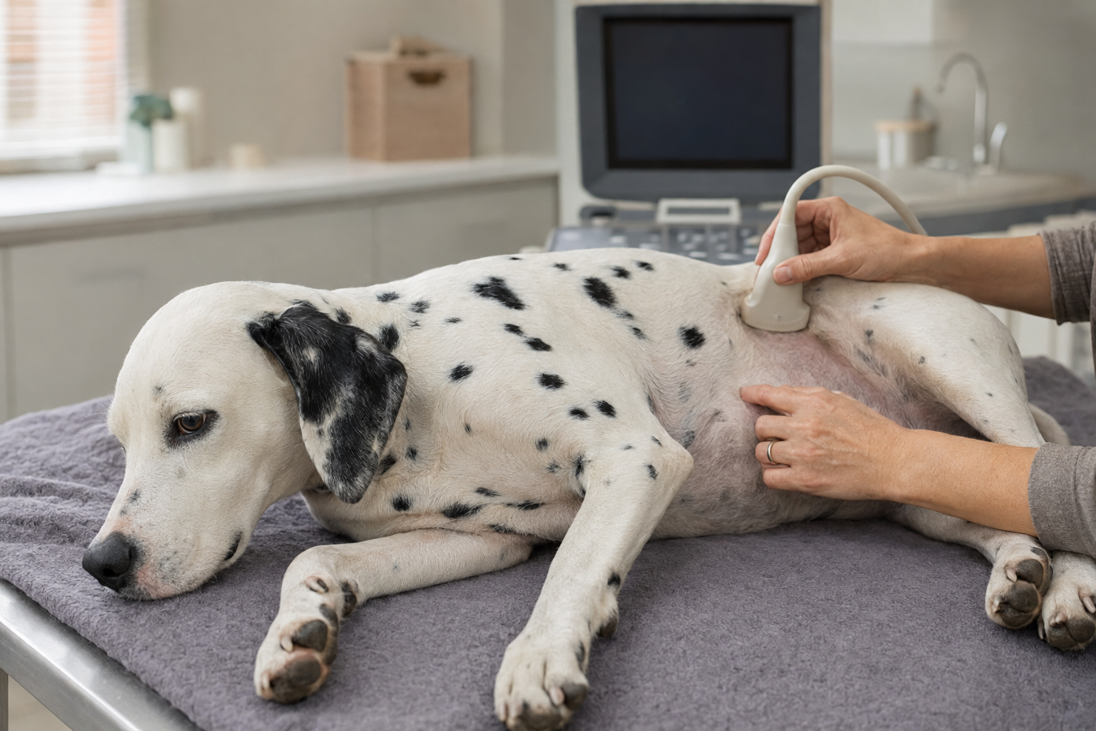 Veterinář provádí březí feně dalmatina kontrolní ultrazvukové vyšetření